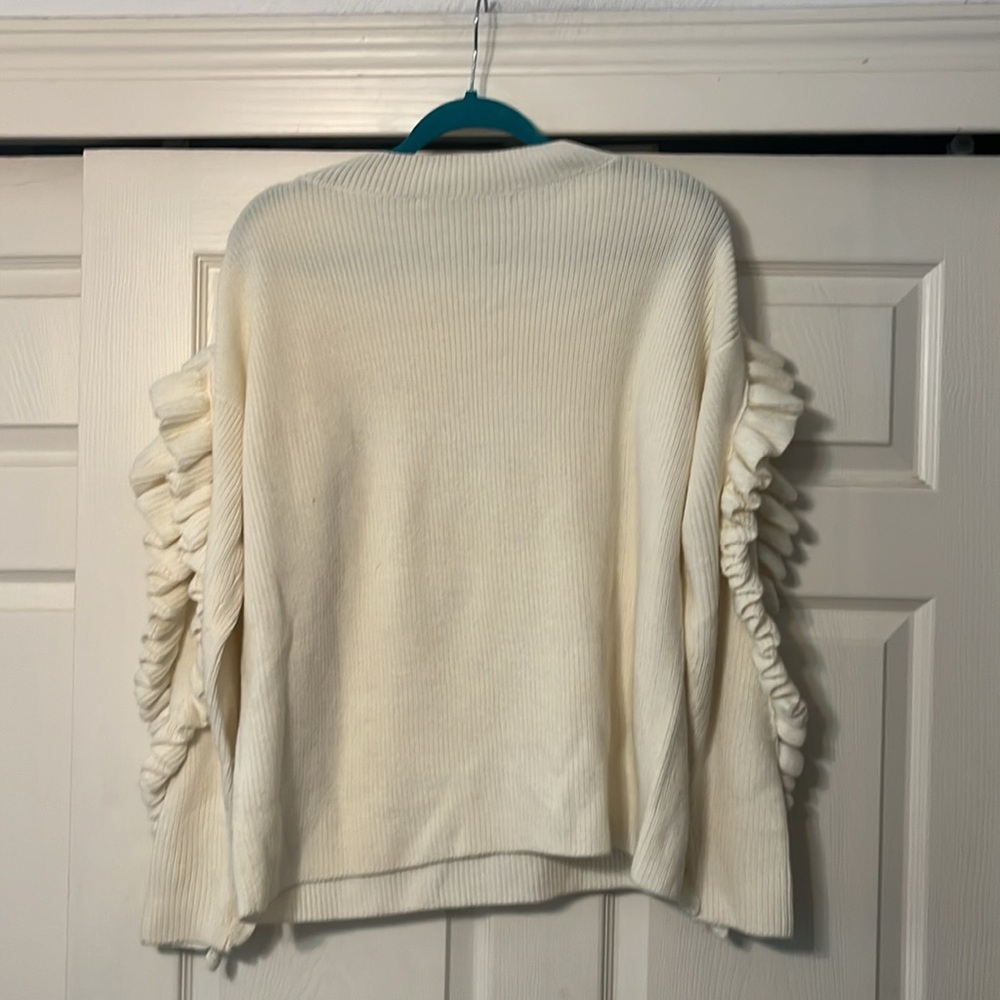 Frame Ruffle Yoke Ribbed Wool Blend Cream Knit Pullover Sweater - Picture 4 of 6
